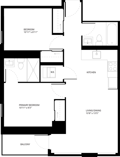 Floor plan for 2 beds, 2 baths, 773 sqft
